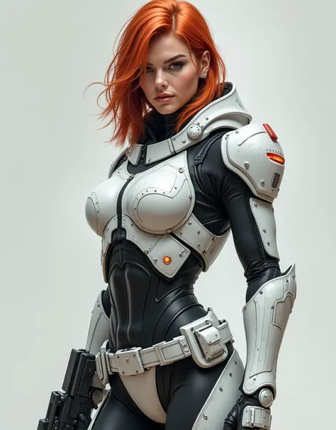 Soldier female with athletic build, shoulder-length red hair, wearing white metal combat armor and a white metal catsuit with a metal utility belt, white metal gloves, a professional-looking protective fighter pilot helmet, 