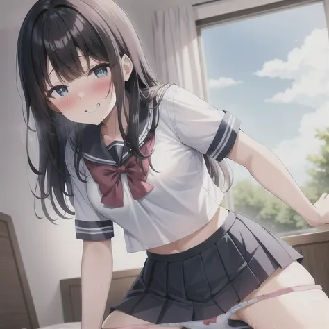 masterpiece, best quality, absurdres, 1girl, school uniform, midriff, white shirt, black hair, blunt bangs, blue eyes, short sleeves, serafuku, medium breasts, bra visible through shirt, blue skirt, pleated skirt, skirt lift, (1boy), implied sex, (hetero:1...