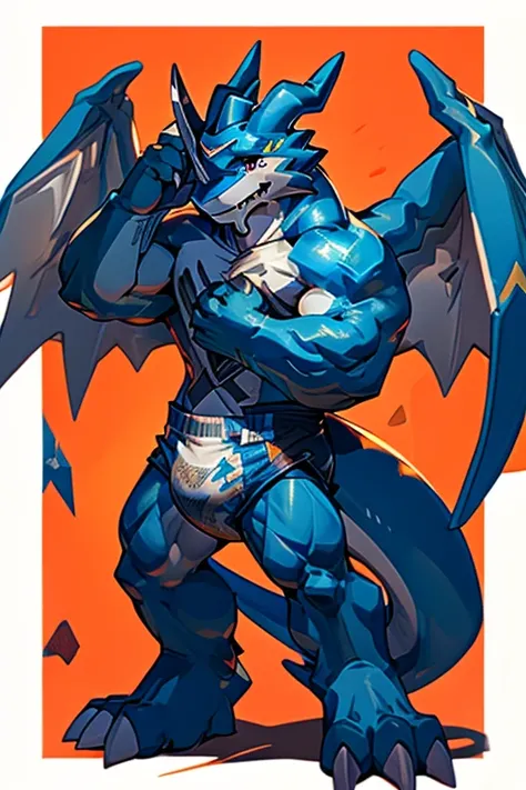 Exveemon from the Digimon series, muscular (2:1), subjugation pose, confident look, discreet smile, blue body, open wings, big sword, simple background, ultra quality, 4k, masterpiece, thick diaper