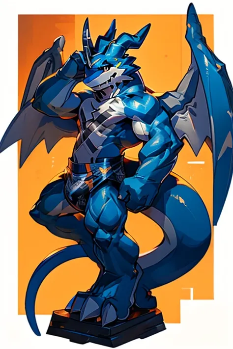 Exveemon from the Digimon series, muscular (2:1), subjugation pose, confident look, discreet smile, blue body, open wings, big sword, simple background, ultra quality, 4k, masterpiece, thick diaper