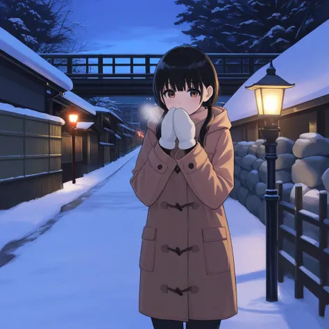 masterpiece, 1girl, standing, black hair, low twintails, brown eyes, breathing, coat, muffler, gloves, road, Ryokan building, Ryokan, 3-storey, Street lamp, Gas lamp, bridge, Ginzan Onsen, Japan, snow, evening, night