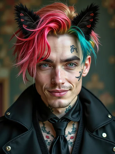 hd real face steampunk goth punk rock realistic nice color hair beautiful British young handsome man white pale skin adorable smiling giggling laughing eyes gently closing mimic wrinkles many feathers cat ears face expressions full portrait