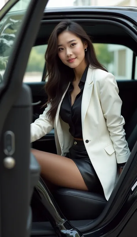 long haired Korean secretary with an athletic, fitness type body (muscular but delicate build) and very marked Asian features on her face. wearing a white polyester executive jacket with all its buttons buttoned that barely reveal a black shirt with open c...