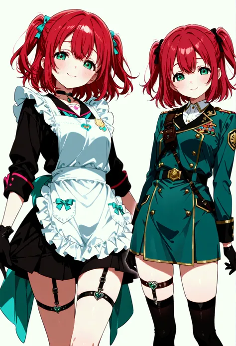  Kurosawa Ruby、  short hair、bangs、(  GREEN EYES:1.3)、 Red Hair 、Aqua Hitomi  、  two side up 、uniform 、smile、  Masterpiece、  Super Detail、  open their mouths、whole body、  Overknee Socks  、  choker 、  black gloves、 garter ring、 back、Two views、 standing、 apro...