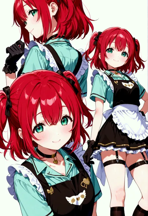  Kurosawa Ruby、  short hair、bangs、(  GREEN EYES:1.3)、 Red Hair 、Aqua Hitomi  、  two side up 、uniform 、smile、  Masterpiece、  Super Detail、  open their mouths、whole body、  Overknee Socks  、  choker 、  black gloves、 garter ring、 back、Two views、 standing、 apro...