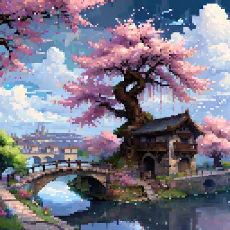 ArsMJStylePony, fewP, pixel art, paysage, nuage, ciel, extérieurs, pas d'humains, fleurs de cerisier, building, arbre, eau, pont  