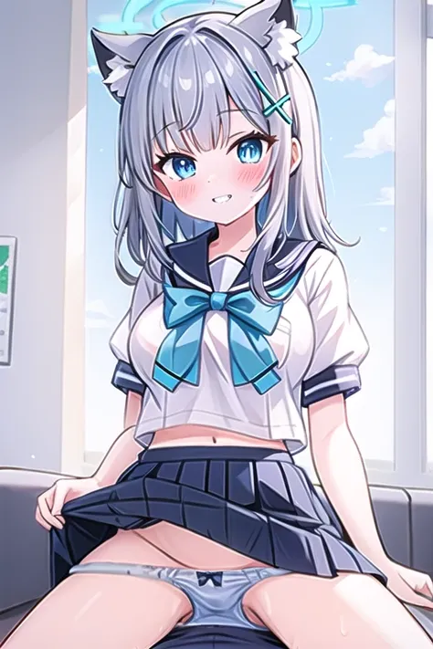 shiroko_bluearchive,masterpiece, best quality, absurdres, 1girl, school uniform, midriff, white shirt, blunt bangs, short sleeves, serafuku, huge breasts, bra visible through shirt, blue skirt, pleated skirt, skirt lift, (1boy), implied sex, (hetero:1.1), ...