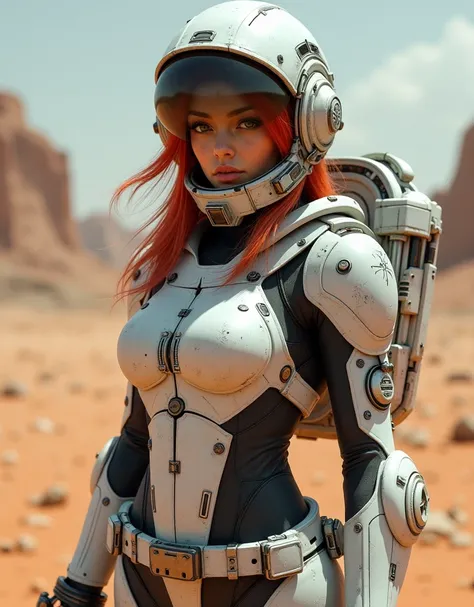 Soldier female with athletic build, shoulder-length red hair, wearing white metal combat armor and a white metal catsuit with a metal utility belt, white metal gloves, a professional-looking protective fighter pilot helmet, muted color tones, drought on th...