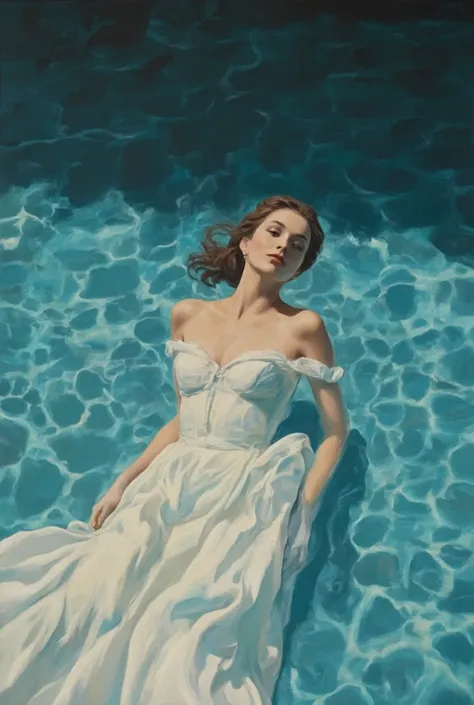 There are pictures inspired by Kubrick movies,Movie stills, close-up of a woman in a dress floating in a swimming pool,  naive art , Detailed Gouache Paintings , perfect water expression ,Gouache illustration , gouache on canvas   ,  black background, anat...