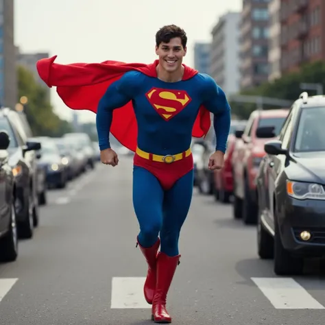 Superman,a 30-year-old Korean face, attractive, black undercut ( Classic Superman Costume Red Boots Red Briefs:1) 
A flying Superman encountered a heavy traffic jam and helped direct the traffic., patriotic smile, 16k,UHD, dslr, insane details, award-winni...