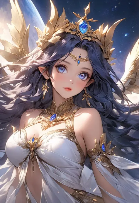 Anime Goddess,  fantasy art style , epic  fantasy art style hd,  fantasy costume,  enchanting elf princess night  ,  beautiful witch, (( beautiful fantasy empress )),  detailed fantasy art , fantasy character,  Magician in the Beautiful Sky, a  beautiful w...