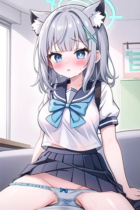 shiroko_bluearchive,masterpiece, best quality, absurdres, 1girl, school uniform,  cleavage cutout, climax face,yelling, sweating, body shaking,tears,painful expression,tearful face,grey hair,midriff, white shirt, blunt bangs, short sleeves, serafuku, huge ...