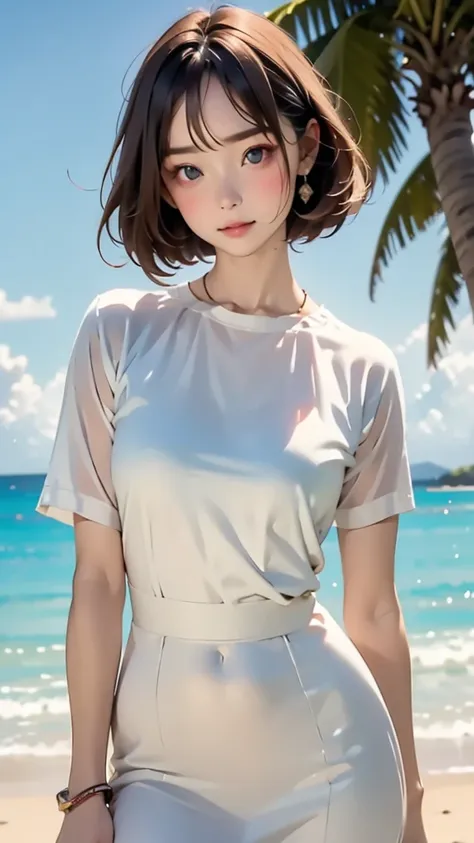 one girl, (12years old:1.4),(Very Young Face), (japan Person famous idol), face, cute face, ash gray hair:1.5, bob hair, short hair, camera's line of sight, small breasts, An ennui look, (dress:1.4) , particles of light, sea of ​​sunset, calm sea, white sa...