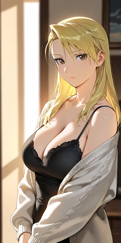 Masterpiece, elegant mature woman, riza hawkeye, long hair, tall body, open cardigan, camisole, upper body, dynamic lighting, ultra detailed, highres, absurdres, home,  fullmetal alchemist style, stunning visual cg, looking at viewer