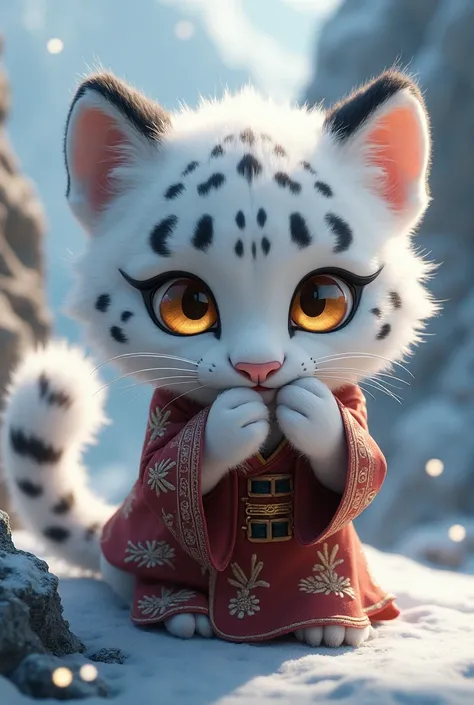 a demi-human character, who would be a snow leopard. yellow eyes, pale skin, white hair with black highlights, a pair of leopard ears on its head, and a large, fluffy tail. He wears traditional Asian clothing, specifically Himalayan. he has a cute look, an...