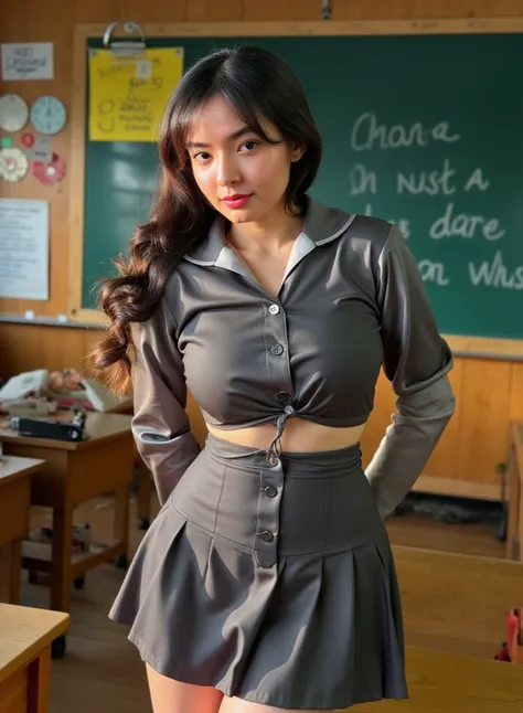 (masterpiece, best_quality:1.2), 1girl, solo, cute, huge_breasts:1.4,tight school girl shirt and short skirt:1.5, detailed eyes, detailed lips, long eyelashes, beautiful, elegant, serene expression, intricate details, photorealistic, studio lighting, vivid...