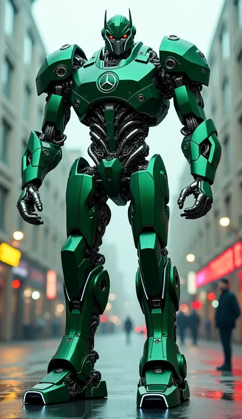 transformers made of green Mercedes Benz AMG GT, metallic pieces body, giants muscular metallic pieces size, robotic transformers, white neon lights car in its body, power, blurred background, on a street cloudy weather, pedestrian lights, standing tall. 