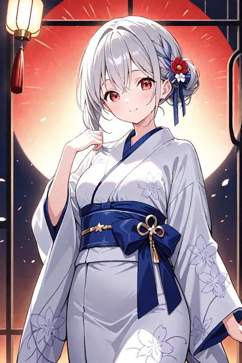 Gray Hair、 red eyes、 BRIGHT、My hair is long, but I'm putting it together、 kimono、beautiful、 cute