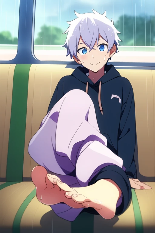 (( top quality)), (( Masterpiece)), (  Details), 1人のmaleの子、  sexy、 Masterpiece,  ****** maleの子 with white hair and shiny bright blue eyes and small socks wearing a hoodie, and oversized  sweatpants  sitting in a train, Rain outside the window,  young, male...