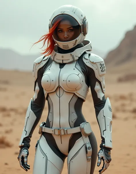 Soldier female with athletic build, shoulder-length red hair, wearing white metal combat armor and a white metal catsuit with a metal utility belt, white metal gloves, a professional-looking protective fighter pilot helmet, muted color tones, futuristic cy...