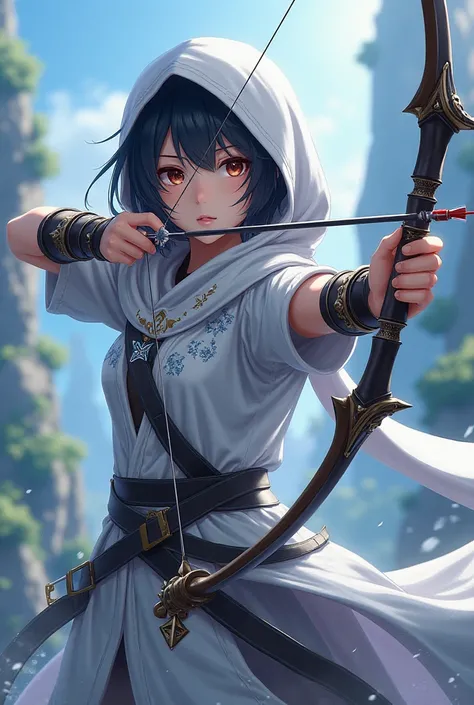 Anime Girl with dark hair, archer, white mage, JRPG style, healer, full quiver, white hood, magic bow