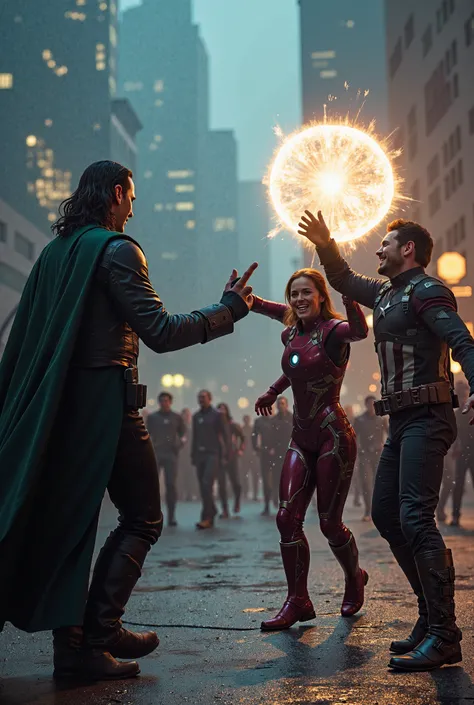 Avengers Charging at Loki
"The Avengers—Iron Man, Captain America (still in his pink suit), and Black Widow—are lunging toward Loki, who is laughing and holding up his glowing magical mirror. Tony has his repulsors charged, Steve is gripping his shield, an...