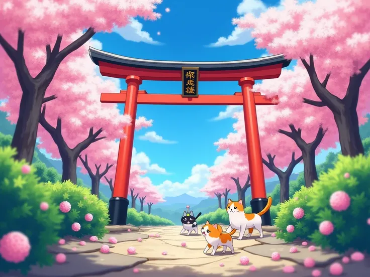 japanese hanami scene with a tori gate, blue sky , anime style, flowers, bushes, path, japan, anime, cherry trees, colorfull, cute anime cats