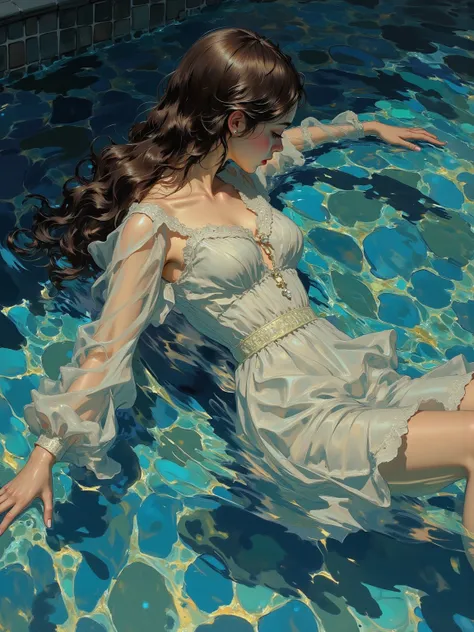 There are pictures inspired by Kubrick movies,Movie stills, close-up of a woman in a dress floating in a swimming pool,  naive art , Detailed Gouache Paintings , perfect water expression ,Gouache illustration , gouache on canvas   ,  black background, anat...