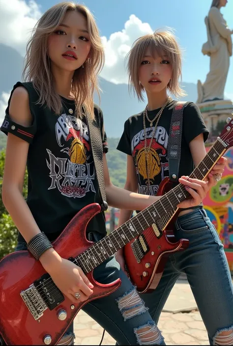 Create two agers girls with guitars and Rock in Rio metal style shirts