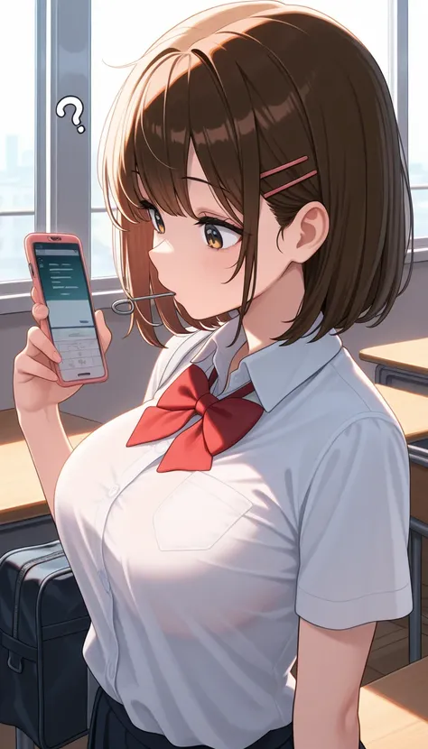  1 girl, Hold down the X-ray phone , Subjective hand,  holding a cell phone ,  smartphone ,  good, Chest,  school uniform, classroom,  medium boobs, ,  brown hair,  hairpins,  mouth, question mark,  Masterpiece,  top quality,  GREAT QUALITY,  very aestheti...