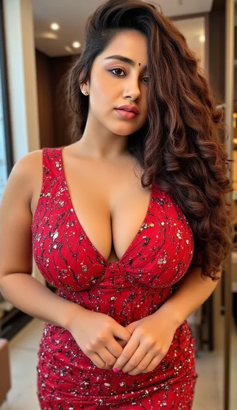 arafed big curvy woman in a glittering red printed sleeveless saree with Navel exposed,showing cleavage,standing frontal facing showing front part looking straight to camera,Natasha nice, Angela white,voluptuous and arousing,messy wavy hair with ponytail b...