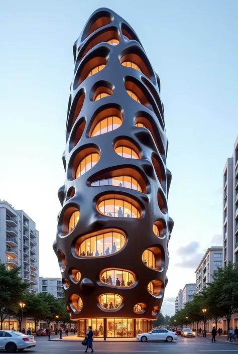   design a unique architectural shape like a coffee bean .   buildings should be tall ，Fashion ,  Modern Appearance .  Include elements such as restaurants  , apartment,  and offices in the design  .   Place the building in a bustling urban background 