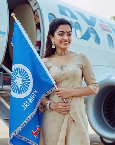A 23-year-old girl is stepping out of an airplane parked at an airport. She is holding a blue flag in one hand. The flag has a design featuring a circular wheel, similar to a cycle wheel, in the center. Below the circle, the text "JAY BHEEM" is written. Th...