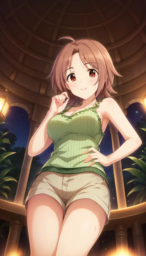 (((Saitou Youko )))、 green tank top 、 shorts、night、 Jungle、((( thighs)))、(( low angle))、((brown hair))、 short hair、 Ulchan-6500-v1.1, ( RAW photos :1.2),  beautiful detailed,  very detailedな目 美しい目, beautiful eyes、 brown eyes、  large file size ,  high resol...