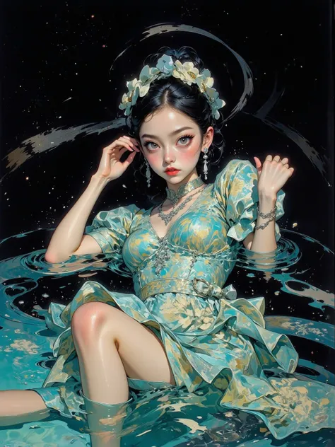 There are pictures inspired by Kubrick movies,Movie stills, close-up of a woman in a dress floating in a swimming pool,  naive art , Detailed Gouache Paintings , perfect water expression ,Gouache illustration , gouache on canvas   ,  black background, anat...