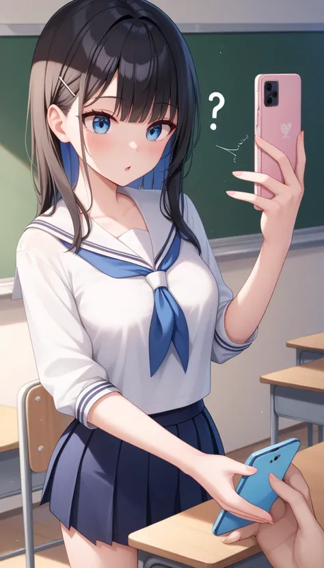  1 girl, Hold down the X-ray phone , Subjective hand,  holding a cell phone ,  smartphone ,  good, Chest,  school uniform, classroom,  medium boobs, ,  mouth, question mark,  Masterpiece,  top quality,  GREAT QUALITY,  very aesthetic,   is ridiculous,  lat...