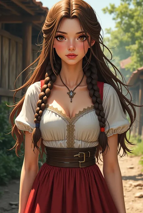 Women, charismatic , long hair,brown,Standing , Dress up as a peasant ,hazel eyes, braided on the sides of the head manga version  