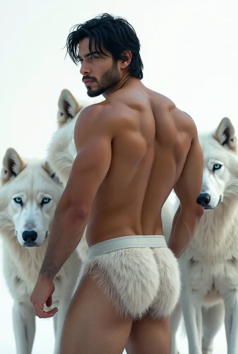 Hairy naked Latino man,  white fair skin  , Bangs on straight black hair ,  blue eyes,  hairy body ,  Athletic , cocha grossa, big upturned ass on white naked background with her white wolves