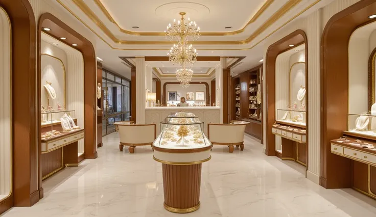  inside a fine jewelry store in Manhattan, New York。It's so large and gorgeous, 、 the interior is bright with lots of jewels 。 and the lady clerk greets you with a smile 。写真品質、 high definition 、 Super Detail、 super realistic 。