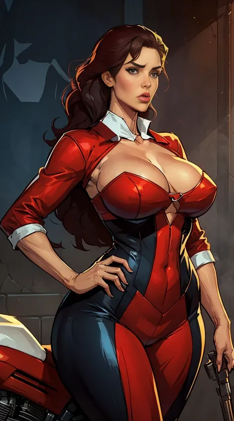 In HQ style Comics, lush breasts, well-made breasts: A busty woman, A woman with large breasts, wearing a super tight motorcycle jumpsuit, her hair is beautiful and red, her eyes are large and expressive, her mouth is small, her chin is thin and her jaw is...