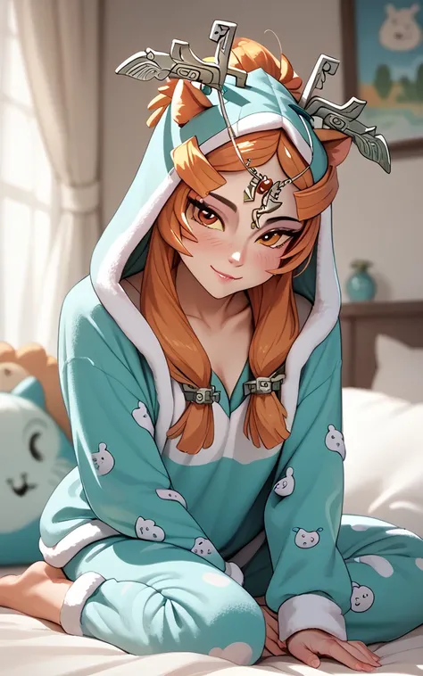 Midna in cute fuzzy cow pajamas with a hood