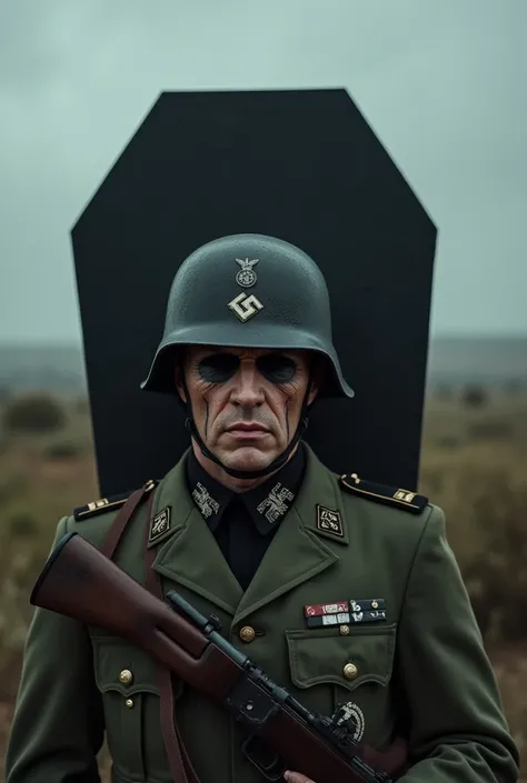 Hundreds of German men,German Nazi army uniforms,German Nazi army combat helmet,The classic rifle of the German Nazi army,have completely black eyeballs,Having pale skin color,There are large cracks in the skin of the face,Very realistic, finest details, v...