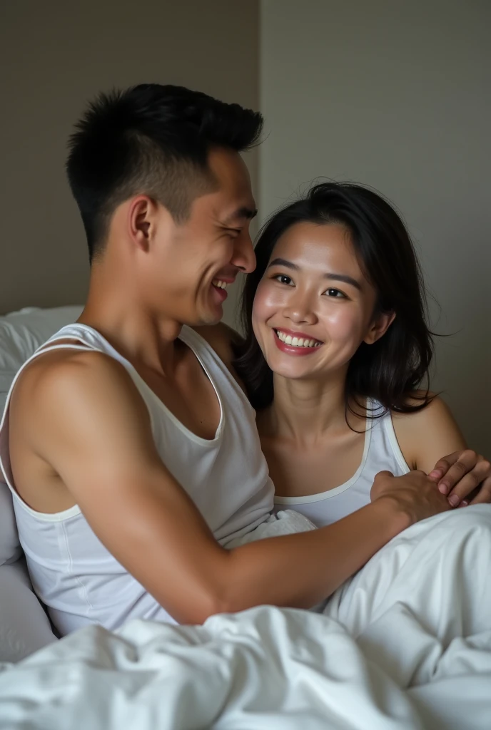 Indonesian man and Indonesian girl is huge in the bedroom . They smile . A man wearing white singlet and a girl wearing white tank top. HD quality