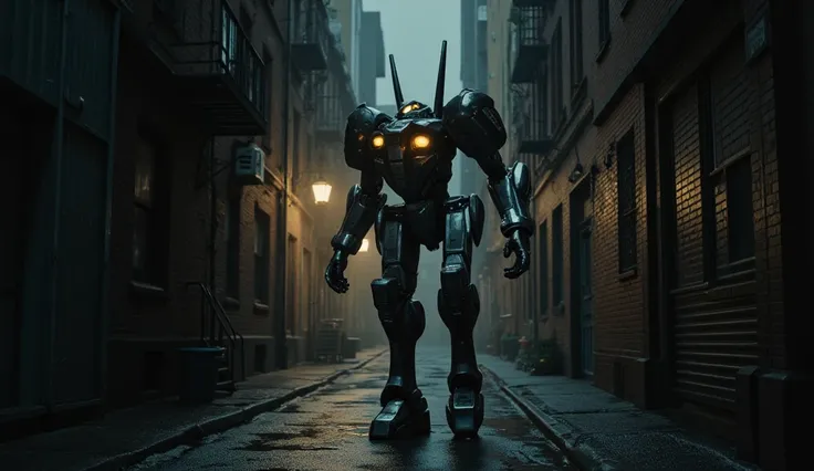  A dingy, dark alley with no people in downtown New York at midnight。A monster that looks like Gundam, which is slightly smaller than a human, is walking。写真品質、 high definition 、 Super Detail、 super realistic 。