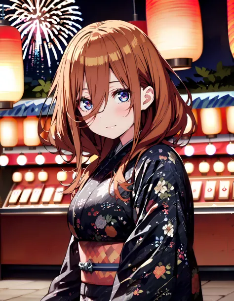 Nakano Future, Alone, long hair, bangs,  blue eyes,  brown hair,  long hair, bangs,  blue eyes,  brown hair,  hair between eyes ,smile,blush, legs ,Blue flower pattern kimono, side lock , long skirt ,日本のfestival,夏festivalの屋台, red lanterns,Fireworks in the ...