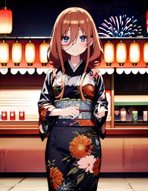 Nakano Future, Alone, long hair, bangs,  blue eyes,  brown hair,  long hair, bangs,  blue eyes,  brown hair,  hair between eyes ,smile,blush, legs ,Blue flower pattern kimono, side lock , long skirt ,日本のfestival,夏festivalの屋台, red lanterns,Fireworks in the ...