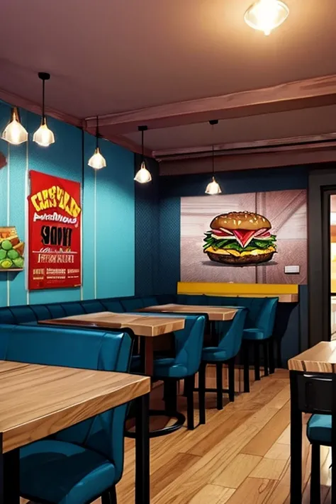 Create a background that is an image of a typical American restaurant. The image is from the interior of the restaurant. The restaurant is very bright, colorful and cheerful. On the tables there are burgers, shakes and soft drinks. the style of the image i...