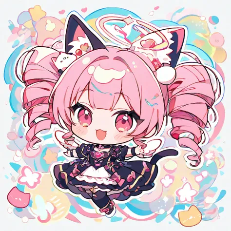 ((chibi)), Ultra-detailed and ultra-fine line drawing style anime coloring illustrations, masterpiece, very aesthetic, 
cute anime cat angel boy with pink hair and cat ears and cat tail and angel wing and angel halo, 
high spiral-curled lolita style twinta...