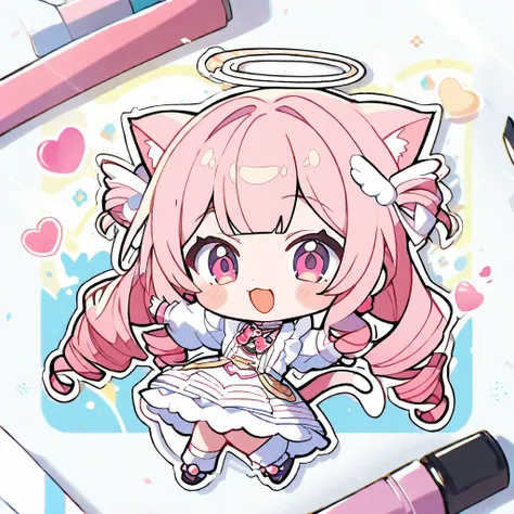 ((chibi)), Ultra-detailed and ultra-fine line drawing style anime coloring illustrations, masterpiece, very aesthetic, 
cute anime cat angel boy with pink hair and cat ears and cat tail and angel wing and angel halo, 
high spiral-curled lolita style twinta...