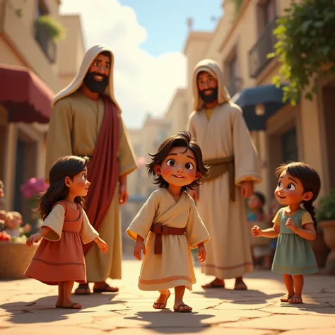 Jesus playing with other ren in Nazareth, while Mary (Jesus' mother) and Joseph (Jesus' father) watch happily in the background. Pixar-style animation